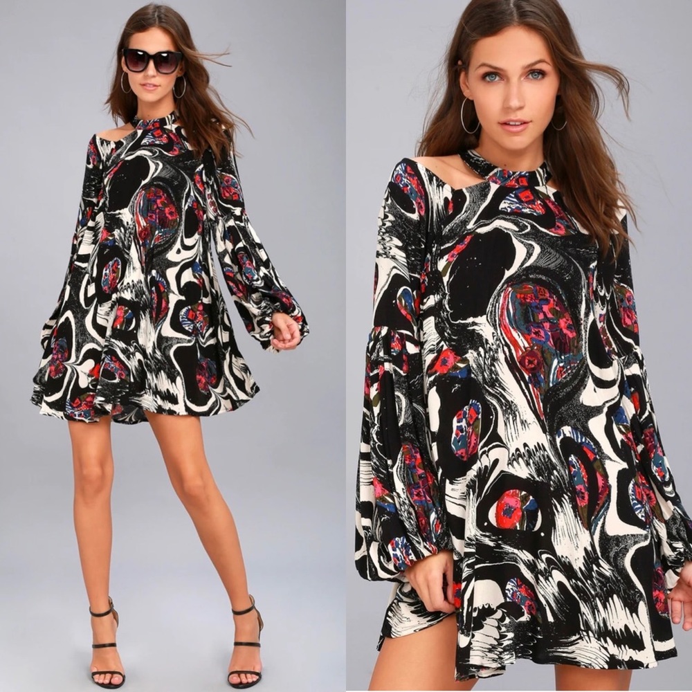 Free People Drift Away Black Print Cold Shoulder Tunic